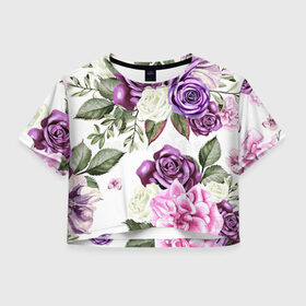 Женская футболка Crop-top 3D с принтом Красивые розы в Белгороде, 100% полиэстер | круглая горловина, длина футболки до линии талии, рукава с отворотами | белые розы | белый | необычные | розовый | розы | синие розы | синий | фиолетовые розы | фиолетовый | цветы