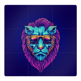 Магнитный плакат 3Х3 с принтом Неоновый лев в очках в Белгороде, Полимерный материал с магнитным слоем | 9 деталей размером 9*9 см | грива | животные | закат | зверей | кошка | лев | лето | львенок | неоновая | очки | пляж | прайд | разноцветная | солнце | тигр | царь