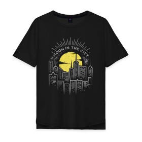 Мужская футболка хлопок Oversize с принтом Луна в городе в Белгороде, 100% хлопок | свободный крой, круглый ворот, “спинка” длиннее передней части | city | in the city | moon | night | retro | urban | vintage | в городе | винтаж | восход | город | городской пейзаж | желтое | закат | круглая | круглое | луна | ночной город | ночь | рассвет | ретро | солнце | урбанистика | урб