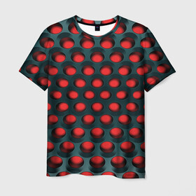 Мужская футболка 3D с принтом Раскалённый красный 3Д в Белгороде, 100% полиэфир | прямой крой, круглый вырез горловины, длина до линии бедер | горошек | железо | жесть | излучение | иллюзия | круги | лампочки | металл | оболочка | объём | сияние | соты | сталь | фонари | шарики | шары