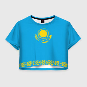 Женская футболка Crop-top 3D с принтом Казахстан в Белгороде, 100% полиэстер | круглая горловина, длина футболки до линии талии, рукава с отворотами | Тематика изображения на принте: kazakhstan | казахстан
