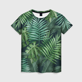 Женская футболка 3D с принтом Тропики  в Белгороде, 100% полиэфир ( синтетическое хлопкоподобное полотно) | прямой крой, круглый вырез горловины, длина до линии бедер | summer | банановая | банановые | джунгли | зелень | краски | летняя | лето | листики | листы | листья | надпись | настроение | отдых | отпуск | пальма | пальмовые | пальмы | папоротник | пляжная | позитив