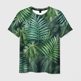 Мужская футболка 3D с принтом Тропики  в Белгороде, 100% полиэфир | прямой крой, круглый вырез горловины, длина до линии бедер | summer | банановая | банановые | джунгли | зелень | краски | летняя | лето | листики | листы | листья | надпись | настроение | отдых | отпуск | пальма | пальмовые | пальмы | папоротник | пляжная | позитив