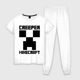 Женская пижама хлопок с принтом MINECRAFT CREEPER в Белгороде, 100% хлопок | брюки и футболка прямого кроя, без карманов, на брюках мягкая резинка на поясе и по низу штанин | creeper | game | minecraft | блоки | игра | квадраты | компьютерная | крипер | майнкрафт
