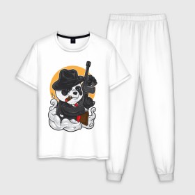 Мужская пижама хлопок с принтом Panda Gangster в Белгороде, 100% хлопок | брюки и футболка прямого кроя, без карманов, на брюках мягкая резинка на поясе и по низу штанин
 | art | automatic | bandit | gangster | panda | weapons | автомат | арт | бандит | гангстер | оружие | панда