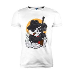 Мужская футболка премиум с принтом Panda Gangster в Белгороде, 92% хлопок, 8% лайкра | приталенный силуэт, круглый вырез ворота, длина до линии бедра, короткий рукав | art | automatic | bandit | gangster | panda | weapons | автомат | арт | бандит | гангстер | оружие | панда