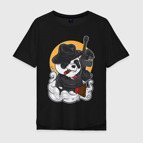 Мужская футболка хлопок Oversize с принтом Panda Gangster в Белгороде, 100% хлопок | свободный крой, круглый ворот, “спинка” длиннее передней части | Тематика изображения на принте: art | automatic | bandit | gangster | panda | weapons | автомат | арт | бандит | гангстер | оружие | панда