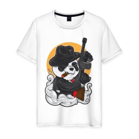 Мужская футболка хлопок с принтом Panda Gangster в Белгороде, 100% хлопок | прямой крой, круглый вырез горловины, длина до линии бедер, слегка спущенное плечо. | art | automatic | bandit | gangster | panda | weapons | автомат | арт | бандит | гангстер | оружие | панда
