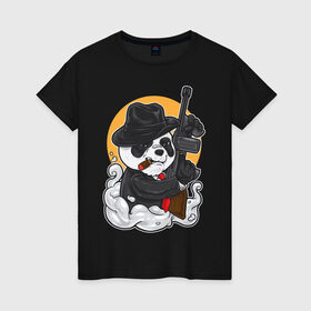 Женская футболка хлопок с принтом Panda Gangster в Белгороде, 100% хлопок | прямой крой, круглый вырез горловины, длина до линии бедер, слегка спущенное плечо | art | automatic | bandit | gangster | panda | weapons | автомат | арт | бандит | гангстер | оружие | панда