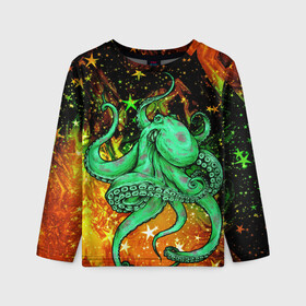 Детский лонгслив 3D с принтом Cosmo Octopus в Белгороде, 100% полиэстер | длинные рукава, круглый вырез горловины, полуприлегающий силуэт
 | cosmo | kraken | medusa | meduza | ocean | octopus | pirates | арт | ван | гог | звезды | искусство | картина | космос | кракен | красочный | медуза | море | океан | осьминог | пираты | принт | стиль