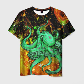Мужская футболка 3D с принтом Cosmo Octopus в Белгороде, 100% полиэфир | прямой крой, круглый вырез горловины, длина до линии бедер | cosmo | kraken | medusa | meduza | ocean | octopus | pirates | арт | ван | гог | звезды | искусство | картина | космос | кракен | красочный | медуза | море | океан | осьминог | пираты | принт | стиль