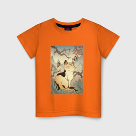 Детская футболка хлопок с принтом Кот в японском стиле в Белгороде, 100% хлопок | круглый вырез горловины, полуприлегающий силуэт, длина до линии бедер | hokusai | kanji | picture | poster | в стиле | видами | горы | деревья | искусство | кандзи | картина | кот | котейка | котенок | котэ | котята | кошечка | кошка | красотами | любуется | пейзаж | постер | стиль | фреска