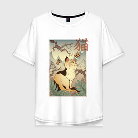 Мужская футболка хлопок Oversize с принтом Кот в японском стиле в Белгороде, 100% хлопок | свободный крой, круглый ворот, “спинка” длиннее передней части | hokusai | kanji | picture | poster | в стиле | видами | горы | деревья | искусство | кандзи | картина | кот | котейка | котенок | котэ | котята | кошечка | кошка | красотами | любуется | пейзаж | постер | стиль | фреска