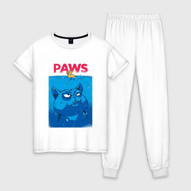 Женская пижама хлопок с принтом Paws пародия на челюсти в Белгороде, 100% хлопок | брюки и футболка прямого кроя, без карманов, на брюках мягкая резинка на поясе и по низу штанин | fat | jaws | movie | paws | poster | голоден | голодный | кино | кот | котейка | кошка | лапки | лапы | ленивый | лого | логотип | облизывается | охотник | пародия | плавает | постер | превью | толстенный | толстый