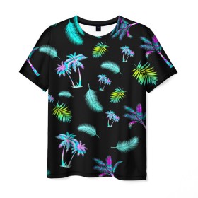 Мужская футболка 3D с принтом Tropiki в Белгороде, 100% полиэфир | прямой крой, круглый вырез горловины, длина до линии бедер | брызги красок | кокос | космос | краска | летняя ночь | лето | лист пальмы | неон | неоновая пальма | пальма | перо | пляж