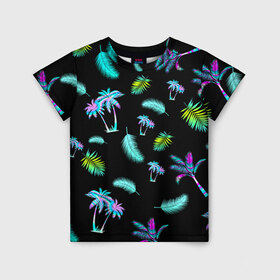 Детская футболка 3D с принтом Tropiki в Белгороде, 100% гипоаллергенный полиэфир | прямой крой, круглый вырез горловины, длина до линии бедер, чуть спущенное плечо, ткань немного тянется | брызги красок | кокос | космос | краска | летняя ночь | лето | лист пальмы | неон | неоновая пальма | пальма | перо | пляж
