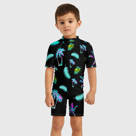 Детский купальный костюм 3D с принтом Tropiki в Белгороде, Полиэстер 85%, Спандекс 15% | застежка на молнии на спине | брызги красок | кокос | космос | краска | летняя ночь | лето | лист пальмы | неон | неоновая пальма | пальма | перо | пляж