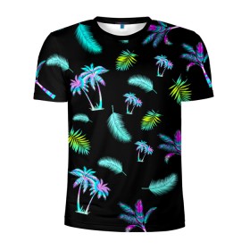 Мужская футболка 3D спортивная с принтом Tropiki в Белгороде, 100% полиэстер с улучшенными характеристиками | приталенный силуэт, круглая горловина, широкие плечи, сужается к линии бедра | брызги красок | кокос | космос | краска | летняя ночь | лето | лист пальмы | неон | неоновая пальма | пальма | перо | пляж
