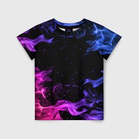 Детская футболка 3D с принтом ОГОНЬ НЕОН в Белгороде, 100% гипоаллергенный полиэфир | прямой крой, круглый вырез горловины, длина до линии бедер, чуть спущенное плечо, ткань немного тянется | абстракция | горит | неон | неоновый | огонь | пламя | пожар | синий | текстура | фиолетовый | яркий