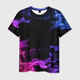 Мужская футболка 3D с принтом ОГОНЬ НЕОН в Белгороде, 100% полиэфир | прямой крой, круглый вырез горловины, длина до линии бедер | Тематика изображения на принте: абстракция | горит | неон | неоновый | огонь | пламя | пожар | синий | текстура | фиолетовый | яркий