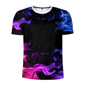 Мужская футболка 3D спортивная с принтом ОГОНЬ НЕОН в Белгороде, 100% полиэстер с улучшенными характеристиками | приталенный силуэт, круглая горловина, широкие плечи, сужается к линии бедра | абстракция | горит | неон | неоновый | огонь | пламя | пожар | синий | текстура | фиолетовый | яркий