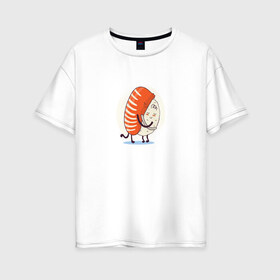 Женская футболка хлопок Oversize с принтом Суши обнимашки в Белгороде, 100% хлопок | свободный крой, круглый ворот, спущенный рукав, длина до линии бедер
 | anime | hug | hugs | kawaii | love | salmon | sushi | trout | аниме | кавай | кавайная | кавайные | кавайный | лосось | любовь | милая | милота | милые | нежная | нежные | обнимай | обнимашки | обними | объятия | рис | рис и рыба