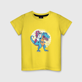 Детская футболка хлопок с принтом Единорог верхом на динозавре в Белгороде, 100% хлопок | круглый вырез горловины, полуприлегающий силуэт, длина до линии бедер | dino | dinosaur | dinosaurus | evil | t rex | unicorn | верхом на динозавре | динозавр | единорог | животные | забавная | забавные | злой | милый | прикол | прикольная | прикольные | радуга | ржака | с юмором | ти рекс