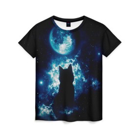 Женская футболка 3D с принтом Кот силуэт луна ночь звезды в Белгороде, 100% полиэфир ( синтетическое хлопкоподобное полотно) | прямой крой, круглый вырез горловины, длина до линии бедер | астрономия | дымка | животные | звезды | звери | кот | котейка | котик | котэ | котя | кошка | луна | лунный кошак | месяц | мистика | мяу | ночь | нэко | ня | полнодуние | романтика | силуэт