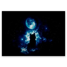 Поздравительная открытка с принтом Кот силуэт луна ночь звезды в Белгороде, 100% бумага | плотность бумаги 280 г/м2, матовая, на обратной стороне линовка и место для марки
 | Тематика изображения на принте: астрономия | дымка | животные | звезды | звери | кот | котейка | котик | котэ | котя | кошка | луна | лунный кошак | месяц | мистика | мяу | ночь | нэко | ня | полнодуние | романтика | силуэт