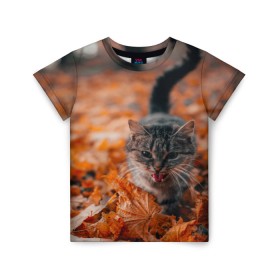 Детская футболка 3D с принтом мяукающий кот осенние листья в Белгороде, 100% гипоаллергенный полиэфир | прямой крой, круглый вырез горловины, длина до линии бедер, чуть спущенное плечо, ткань немного тянется | Тематика изображения на принте: золотая осень | кот | кошка | крик | листва | листья | мяу | мяукает | осень | сезон | уличный котейка