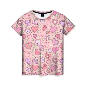 Женская футболка 3D с принтом Сердечки разные в Белгороде, 100% полиэфир ( синтетическое хлопкоподобное полотно) | прямой крой, круглый вырез горловины, длина до линии бедер | blue | flower | flowers | love | love is | loves | pink | rose | бабочка | бабочки | голубая | девочке | девушке | красивая | мода | парню | подарок | приятная | роза | розовая | сердечки | сердце | текстура | тренд | цветок