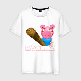 Мужская футболка хлопок с принтом Roblox piggy/Свинка Пигги. в Белгороде, 100% хлопок | прямой крой, круглый вырез горловины, длина до линии бедер, слегка спущенное плечо. | game | pig | roblox piggy | игры | ммо | роблокс | свинка пигги | свинка роблокс | свинья из роблокс