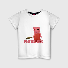 Детская футболка хлопок с принтом ROBLOX: PIGGI. в Белгороде, 100% хлопок | круглый вырез горловины, полуприлегающий силуэт, длина до линии бедер | game | gamer | logo | minecraft | piggi | roblox | simulator | игра | конструктор | лого | пигги | свинья | симулятор | строительство | фигура