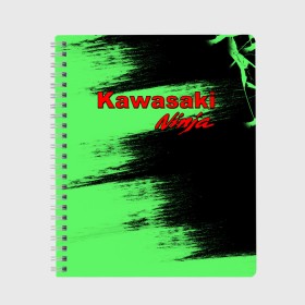 Тетрадь с принтом Kawasaki в Белгороде, 100% бумага | 48 листов, плотность листов — 60 г/м2, плотность картонной обложки — 250 г/м2. Листы скреплены сбоку удобной пружинной спиралью. Уголки страниц и обложки скругленные. Цвет линий — светло-серый
 | kawasaki | moto | ninja | брызги | дорога | кавасаки | краска | мотоцикл | надпись | неон | ниндзя | паутина | скорость | текстура