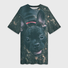 Платье-футболка 3D с принтом Бульдог морда собакена черного в Белгороде,  |  | бульдог | гав | глаза | любимец | любителю животных | ошейник | пес | песель | песик | питомец | псина | псинка | собака | собакен | собачка | собачник | уши | черный | язык