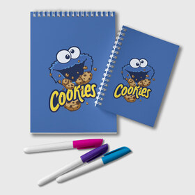Блокнот с принтом Cookies в Белгороде, 100% бумага | 48 листов, плотность листов — 60 г/м2, плотность картонной обложки — 250 г/м2. Листы скреплены удобной пружинной спиралью. Цвет линий — светло-серый
 | Тематика изображения на принте: cookie | cookiemonster | delicious | eat | monster | yummy | еда | коржик | куки | кукимонстр | монстр | печенье | сезам | сладости | улица | улицасезам