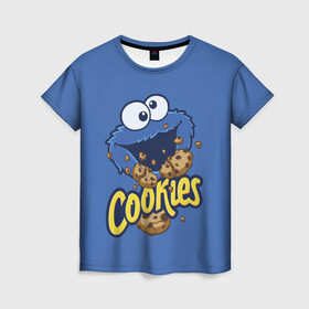 Женская футболка 3D с принтом Cookies в Белгороде, 100% полиэфир ( синтетическое хлопкоподобное полотно) | прямой крой, круглый вырез горловины, длина до линии бедер | cookie | cookiemonster | delicious | eat | monster | yummy | еда | коржик | куки | кукимонстр | монстр | печенье | сезам | сладости | улица | улицасезам
