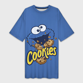 Платье-футболка 3D с принтом Cookies в Белгороде,  |  | cookie | cookiemonster | delicious | eat | monster | yummy | еда | коржик | куки | кукимонстр | монстр | печенье | сезам | сладости | улица | улицасезам