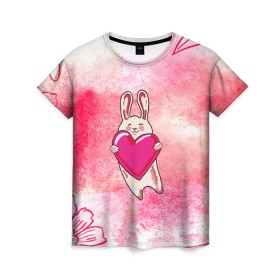 Женская футболка 3D с принтом Влюбленный Зайчик в Белгороде, 100% полиэфир ( синтетическое хлопкоподобное полотно) | прямой крой, круглый вырез горловины, длина до линии бедер | like | love | loveis | pink | валентин | влюбленным | женщинам | животные | зайка | зайчик | заяц | звери | каваи | кролик | лапки | люблю | любовь | мордочка | няшный | подарок | прикольный | сердечки | сердце