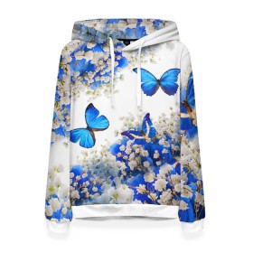 Женская толстовка 3D с принтом Butterfly | Blue White в Белгороде, 100% полиэстер  | двухслойный капюшон со шнурком для регулировки, мягкие манжеты на рукавах и по низу толстовки, спереди карман-кенгуру с мягким внутренним слоем. | butterfly | earth | flowers | forest | neon | бабочки | весенняя | весна | зелень | земля | зима | зимняя | искусство | краски | лес | летняя | лето | море | неон | океан | осенняя | природа | приятная | растения | рестение