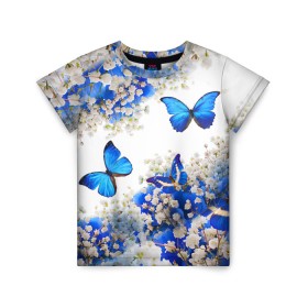 Детская футболка 3D с принтом Butterfly | Blue White в Белгороде, 100% гипоаллергенный полиэфир | прямой крой, круглый вырез горловины, длина до линии бедер, чуть спущенное плечо, ткань немного тянется | Тематика изображения на принте: butterfly | earth | flowers | forest | neon | бабочки | весенняя | весна | зелень | земля | зима | зимняя | искусство | краски | лес | летняя | лето | море | неон | океан | осенняя | природа | приятная | растения | рестение
