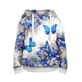 Детская толстовка 3D с принтом Butterfly | Blue White в Белгороде, 100% полиэстер | двухслойный капюшон со шнурком для регулировки, мягкие манжеты на рукавах и по низу толстовки, спереди карман-кенгуру с мягким внутренним слоем | Тематика изображения на принте: butterfly | earth | flowers | forest | neon | бабочки | весенняя | весна | зелень | земля | зима | зимняя | искусство | краски | лес | летняя | лето | море | неон | океан | осенняя | природа | приятная | растения | рестение