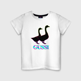 Детская футболка хлопок с принтом Gussi в Белгороде, 100% хлопок | круглый вырез горловины, полуприлегающий силуэт, длина до линии бедер | gucci | gussi | антибренд | бренд | гуси | гусь | гучи | гуччи | мем | мемы | неон | прикол