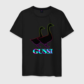 Мужская футболка хлопок с принтом Gussi в Белгороде, 100% хлопок | прямой крой, круглый вырез горловины, длина до линии бедер, слегка спущенное плечо. | gucci | gussi | антибренд | бренд | гуси | гусь | гучи | гуччи | мем | мемы | неон | прикол