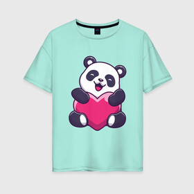 Женская футболка хлопок Oversize с принтом Панда love в Белгороде, 100% хлопок | свободный крой, круглый ворот, спущенный рукав, длина до линии бедер
 | love | влюблённая панда | панда | панда love | панда обнимает сердечко | панда с сердечком | панда с сердцем | панда сердечко | панда сердце | сердечко | сердце