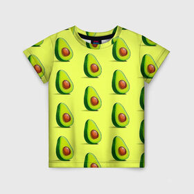 Детская футболка 3D с принтом Авокадо в Белгороде, 100% гипоаллергенный полиэфир | прямой крой, круглый вырез горловины, длина до линии бедер, чуть спущенное плечо, ткань немного тянется | авокадо | арт | в разрезе | вкусно | вкусный фрукт | желтый | зеленый | косточка | крупная косточка | разрез | рисунок | сладко | сочно | фрукт