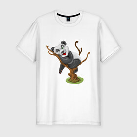 Мужская футболка премиум с принтом Смешная панда в Белгороде, 92% хлопок, 8% лайкра | приталенный силуэт, круглый вырез ворота, длина до линии бедра, короткий рукав | exclusive merch | дерево | детская | животные | звери | панда | смешная | спит | язык