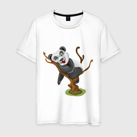 Мужская футболка хлопок с принтом Смешная панда в Белгороде, 100% хлопок | прямой крой, круглый вырез горловины, длина до линии бедер, слегка спущенное плечо. | exclusive merch | дерево | детская | животные | звери | панда | смешная | спит | язык