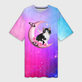 Платье-футболка 3D с принтом Котик На Луне в Белгороде,  |  | cat | cats | kitten | mem | memes | moon | глаза | глазки | киска | кот | котёнок | котик | котики | котэ | котята | кошак | кошка | кошки | красивая | луна | лунный кот | мем | мемчики | милая | прикольная | светлая | темная