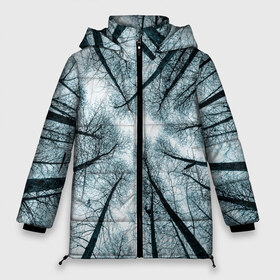 Женская зимняя куртка 3D с принтом Деревья вид снизу мрачный в Белгороде, верх — 100% полиэстер; подкладка — 100% полиэстер; утеплитель — 100% полиэстер | длина ниже бедра, силуэт Оверсайз. Есть воротник-стойка, отстегивающийся капюшон и ветрозащитная планка. 

Боковые карманы с листочкой на кнопках и внутренний карман на молнии | ветки | вид снизу | деревья | лес | мрачный | необычный | природа